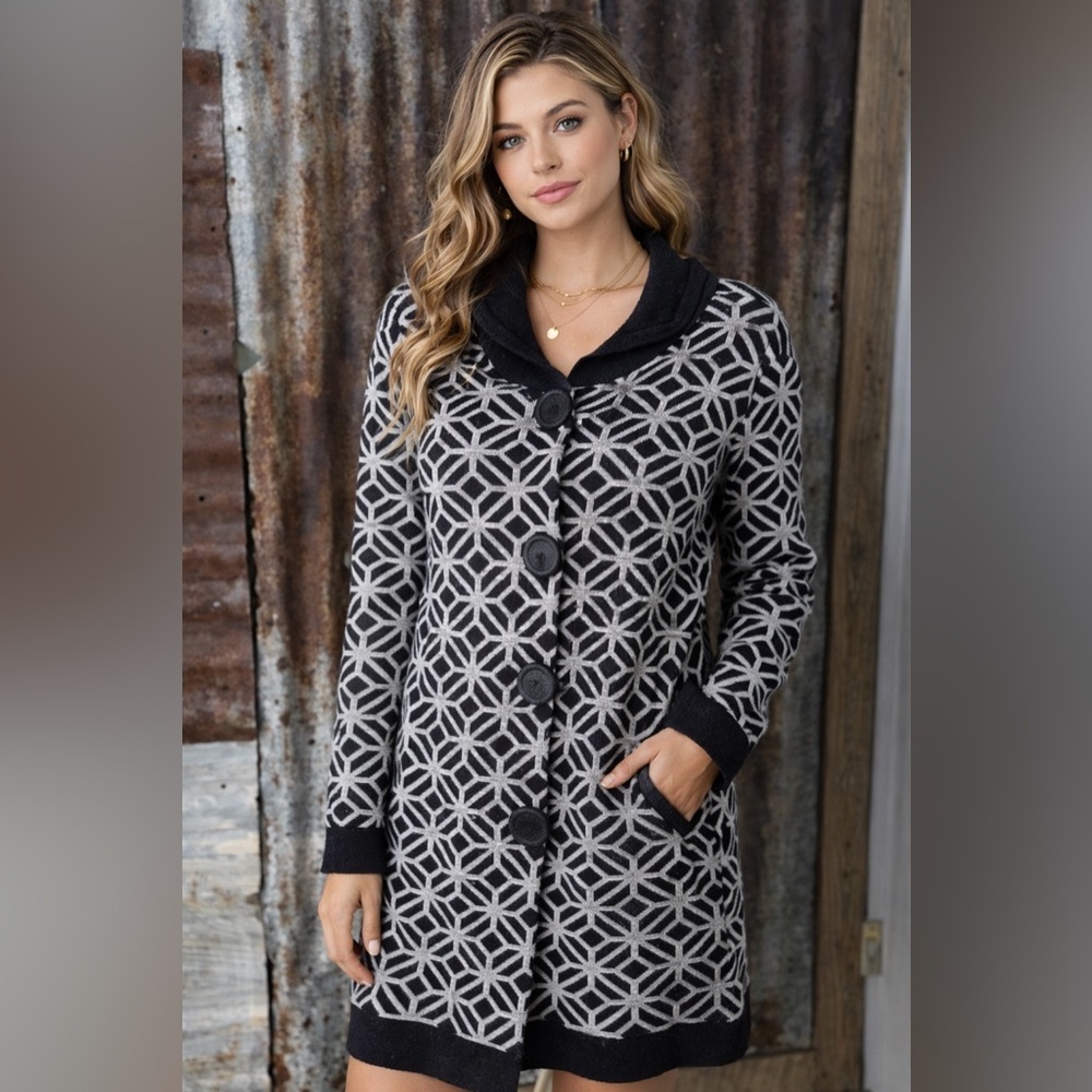 John Paul Richard Knit Cardigan Coat Black White Geometric Long Sleeve Sweater-L